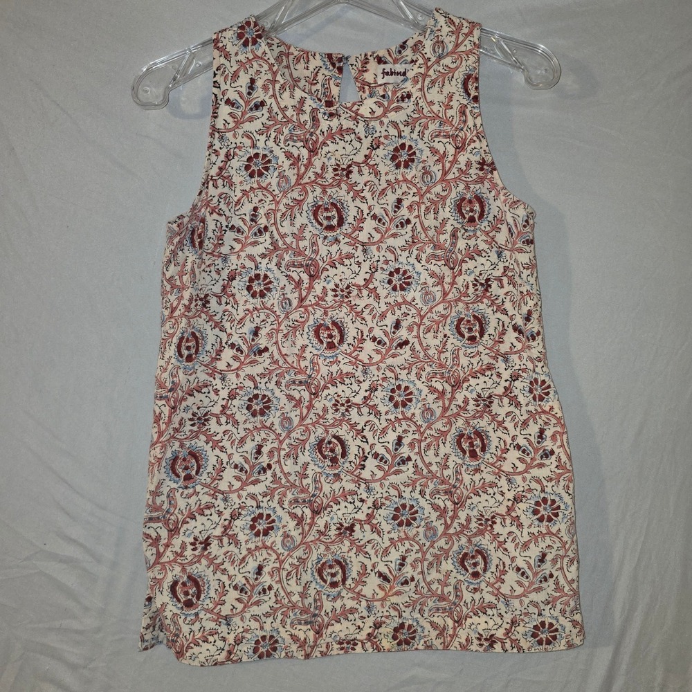 Fabindia Sleeveless Cotton Top Small Womens Cream Red Floral Block Print Blouse